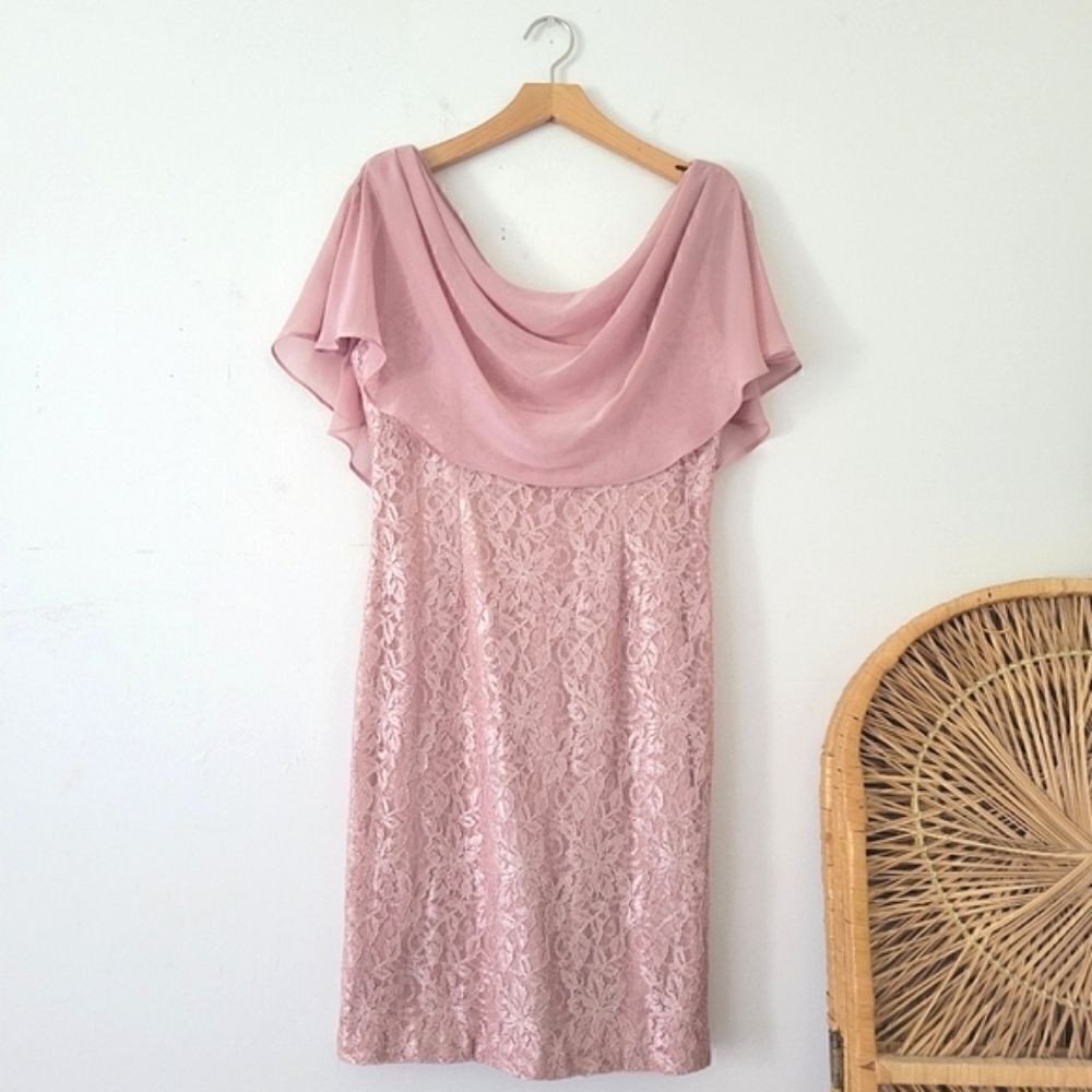 Jessica Howard Glitter Lace Sheath Dress with Attached Capelet Pink 6